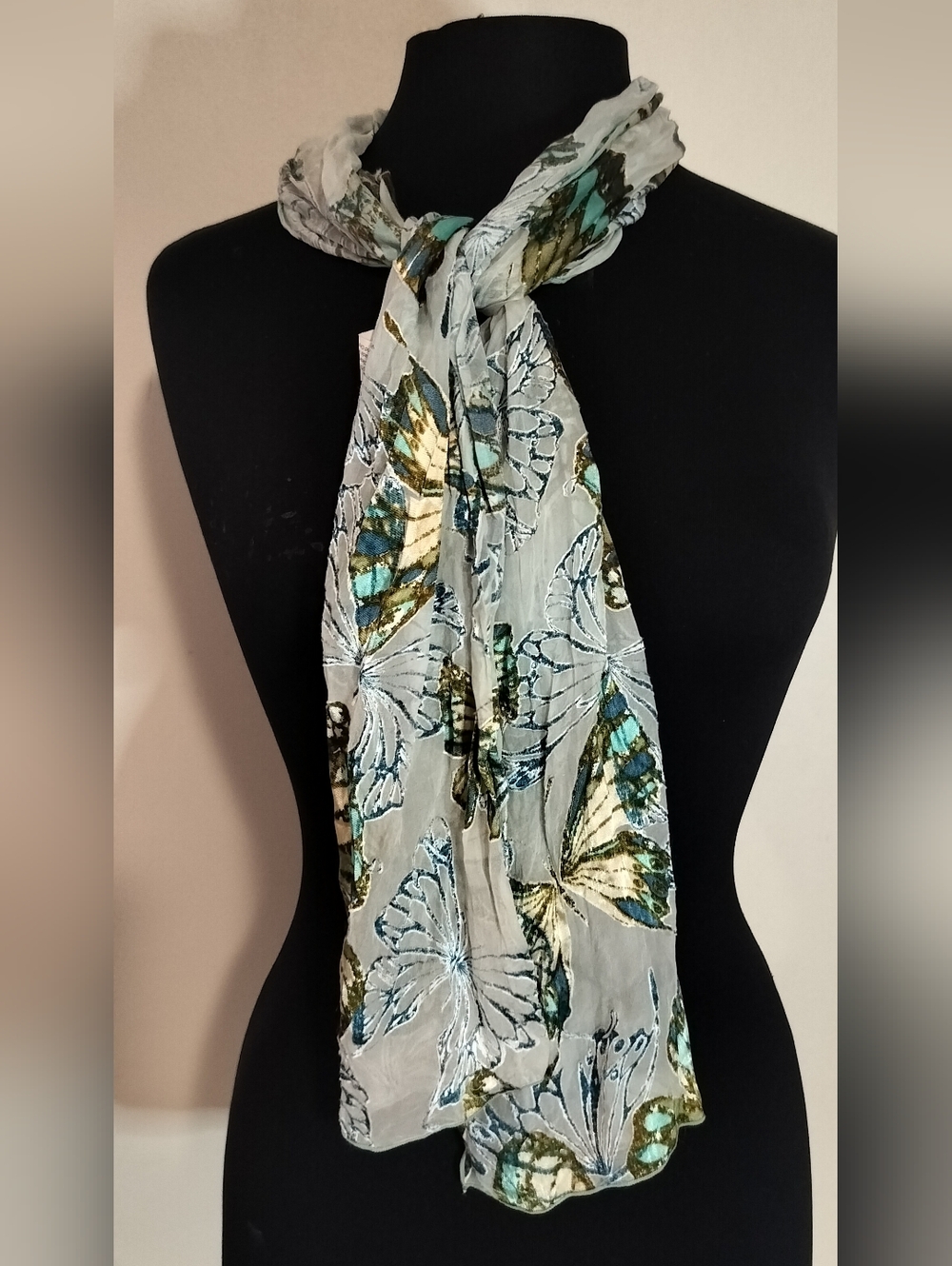 Light Gray Butterfly Print Scarf with Teal & Gold Accents